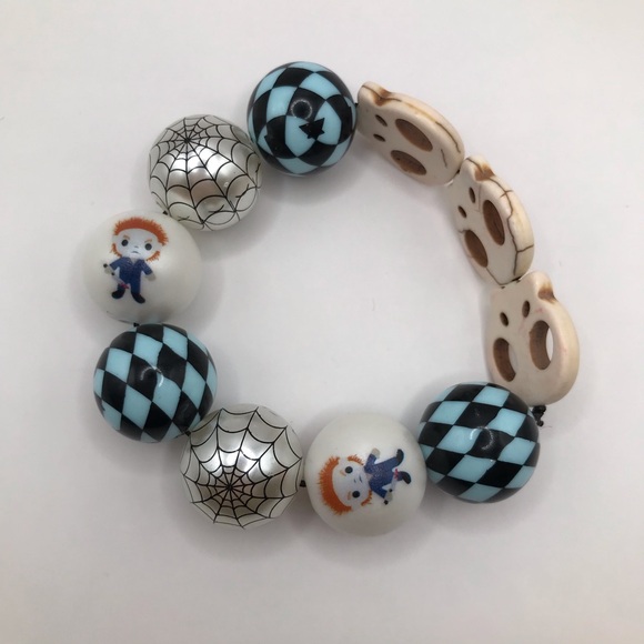 Hand Crafted Jewelry - Womens Halloween Michael Blue Checkered Skull Spiderweb Bubblegum Bead Bracelet